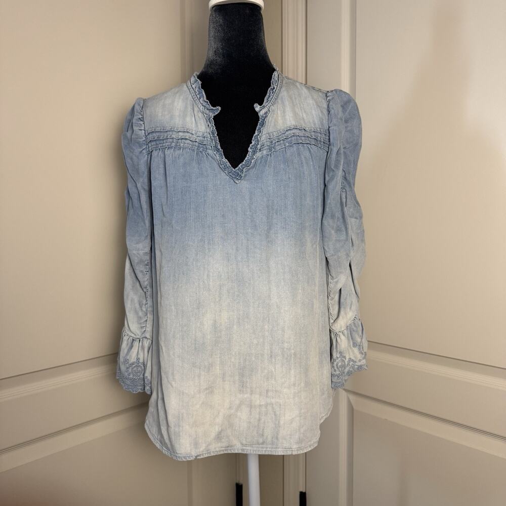 Democracy Blue Ombré Chambray Top Small Boho Embroidered Ruffle Sleeve Lyocell